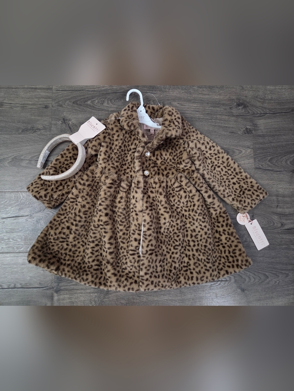 Biscotti Girls' Faux Fur Leopard Jacket, Dress & Matching Headband Set Size 3t